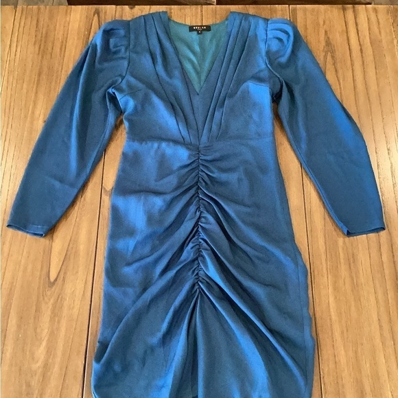 Beulah blue Ruched v Neck 3/4 Sleeve bodycon knee mini cocktail Dress s - Picture 2 of 10